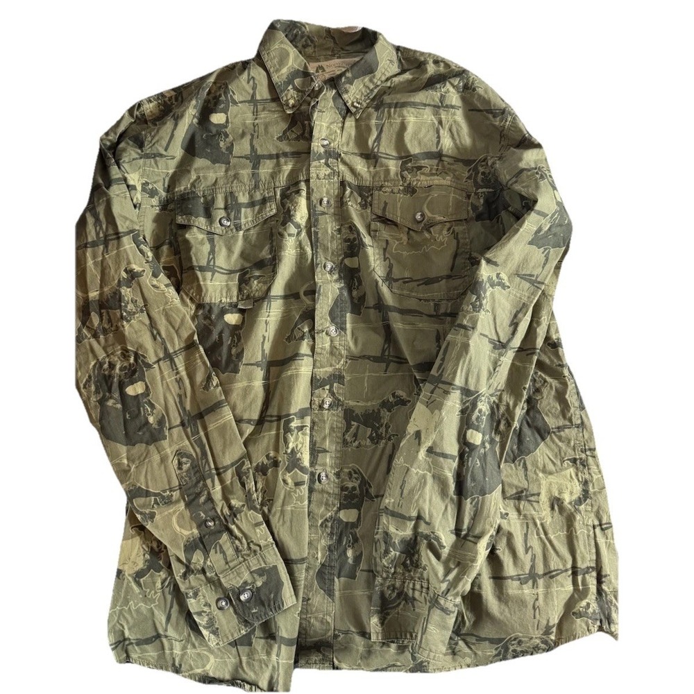 Vintage NorthCrest Sportsman Shirt  Button Up Hunting Fishing Dog Print Size XL